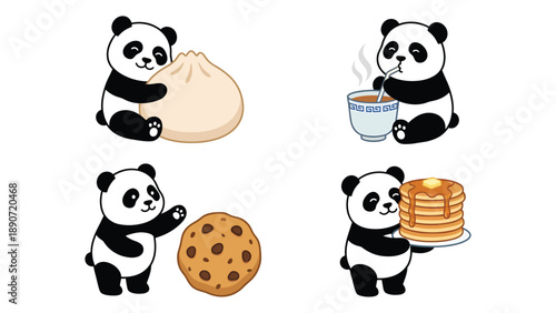 Adorable Cartoon Pandas Eating & Drinking: Steamed Bun, Hot Beverage, Cookie, Pancakes Vector Set