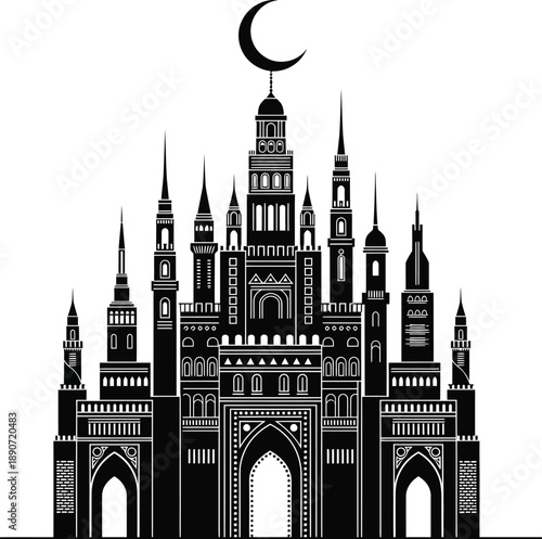 A majestic black silhouette of an ornate Islamic mosque or palace with multiple spires intricate arches and a prominent crescent moon on its central tower.