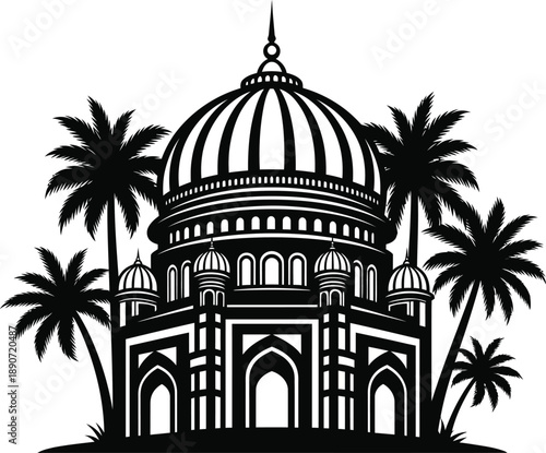 A majestic black silhouette of an ornate Islamic mosque with a grand central dome minarets and flanking palm trees.