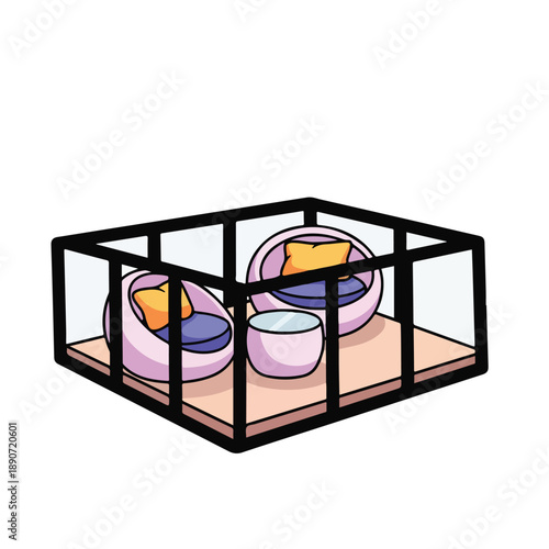 A cage with two beanbags and a bowl