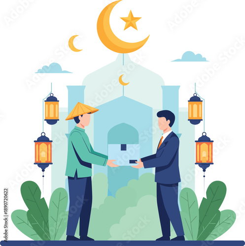 A man in a formal suit gives a charitable donation to a man wearing a green shirt and conical hat.