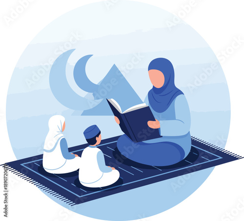 A Muslim mother wearing a blue hijab reads a book to her two children sitting on a dark blue prayer rug.