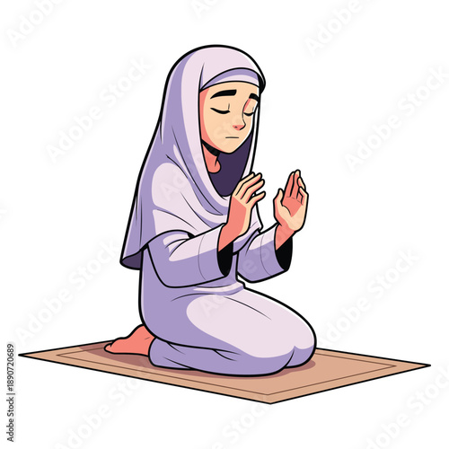 A serene cartoon Muslim girl in a light purple hijab kneeling with hands raised in devout prayer.