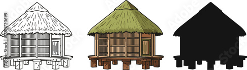 Colorful vector of a rustic bamboo house with straw roof.