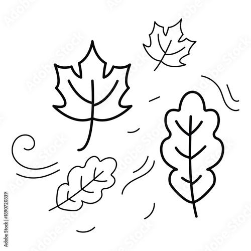 Set of outlined Autumn Leaves flying icon collection. Leaves Blowing in Wind symbol.