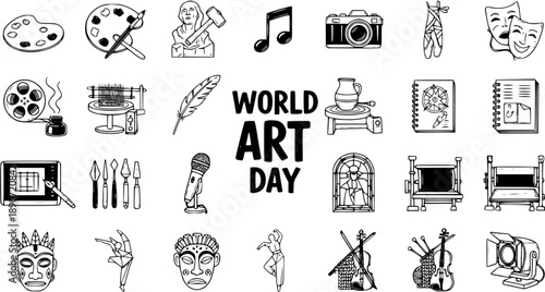 World Art Day Icons: Black and White Line Art of Creative and Performing Arts