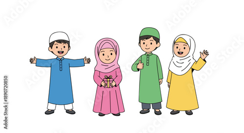 Four diverse children wearing traditional Islamic clothing standing against a clean white background with a colorful and vibrant mood.