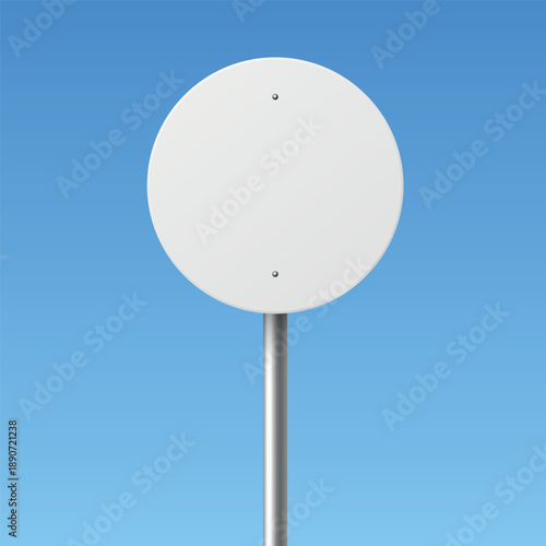 Vector 3d Realistic Round Blank Stop Sign Illustration. Empty Road Sign on Pole. White Traffic Sign Template, Street Signboard, Front View. Vector Illustration