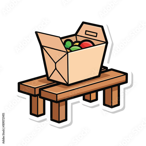 A cartoon box on a bench