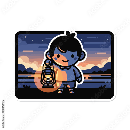 A cartoon boy holding a lantern at sunset