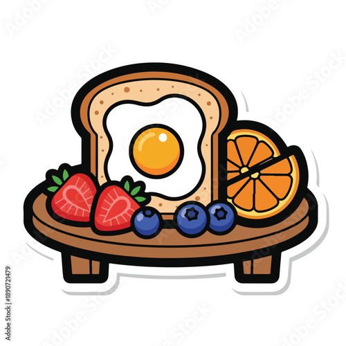 A cartoon breakfast plate with egg on toast and fruit