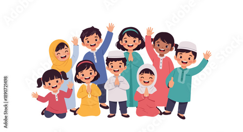 Diverse group of nine children in traditional attire with hands raised in celebration on a white background with a vibrant and joyful mood.