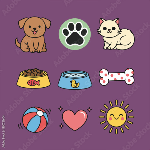 A colorful grid of cute cartoon pet-themed icons features a dog, cat, paw print, food/water bowls, toys, a heart, and a happy sun.