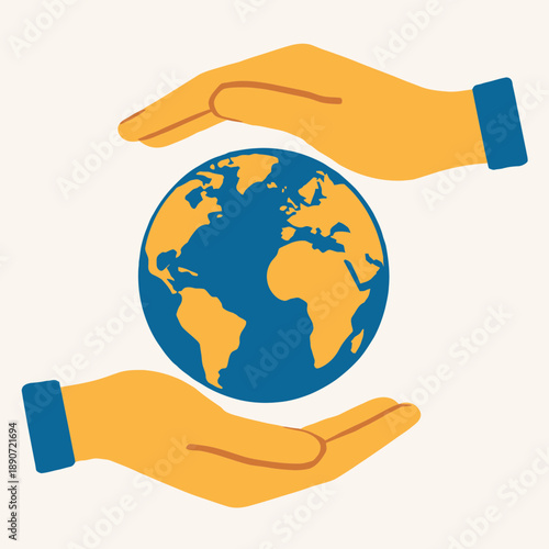 Two hands cupping a small stylized earth globe