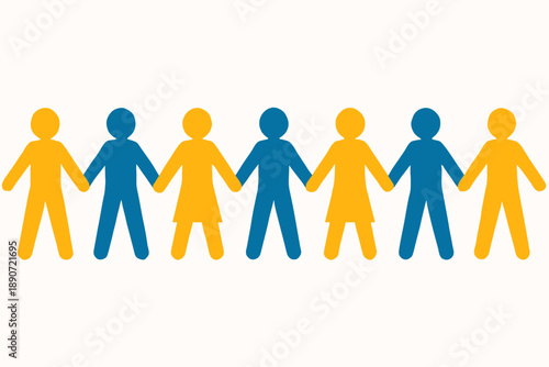 Paper cut out style people holding hands in a row