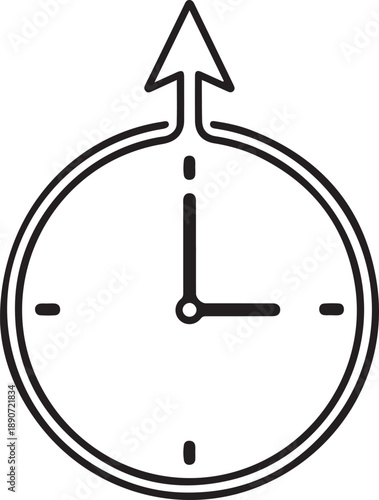 Minimalist clock icon featuring an upward arrow symbolizing progress and optimal time use isolated on white background, illustration