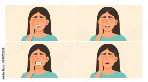 Four Panels Depicting a Young Woman Experiencing Toothache and Jaw Pain with Various Facial Expressions