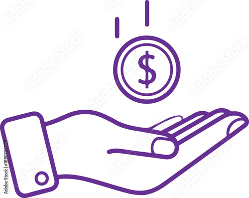 A dollar coin falling into an outstretched hand, symbolizing receiving income or payment isolated on white background, illustration