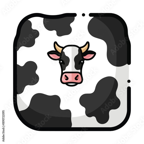 A cartoon cow's head on a cowhide-patterned square