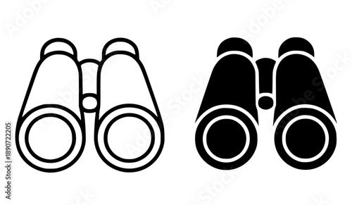Binoculars illustration icon, black and white in outline and silhouette versions