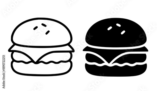 Cheeseburger illustration icon, black and white in outline and silhouette versions