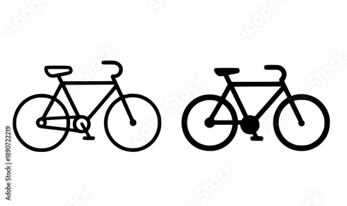 Vintage bicycle illustration icon, black and white in outline and silhouette versions