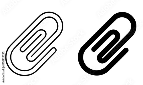 Paper clip illustration icon, black and white in outline and silhouette versions