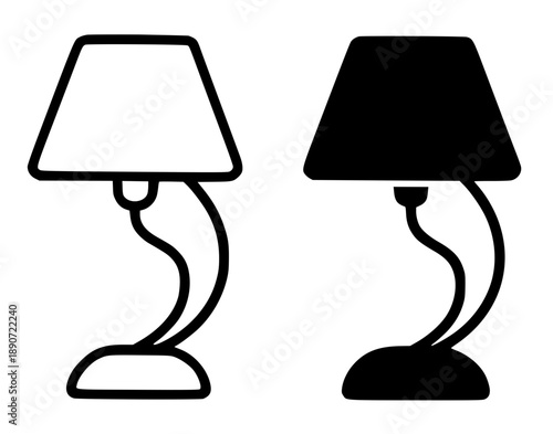 Lamp illustration icon, black and white in outline and silhouette versions