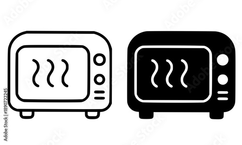 Microwave illustration icon, black and white in outline and silhouette versions