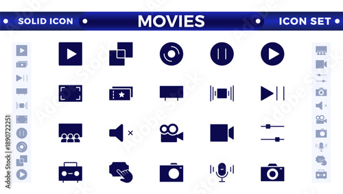 Movie solid icon set. Entertainment and arts icon collection. Contains such Icons as theater, cinema, video, dance, game, music arts, photo and more. Cinema, Movie solid icons set. 