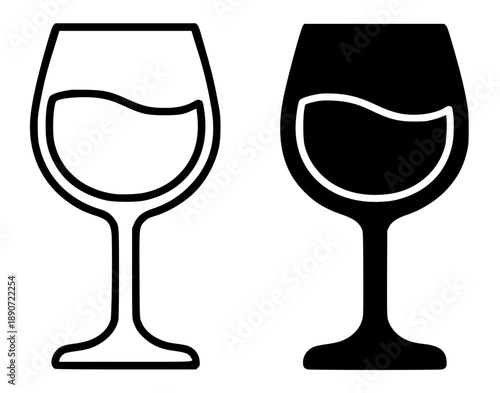 Wine glass illustration icon, black and white in outline and silhouette versions