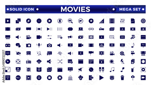 Movie solid icon set. Entertainment and arts icon collection. Contains such Icons as theater, cinema, video, dance, game, music arts, photo and more. Cinema, Movie solid icons set. 