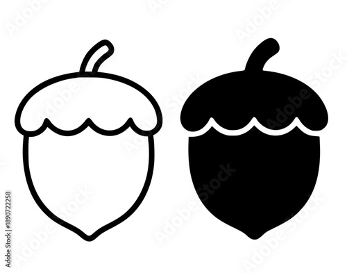 Acorn illustration icon, black and white in outline and silhouette versions
