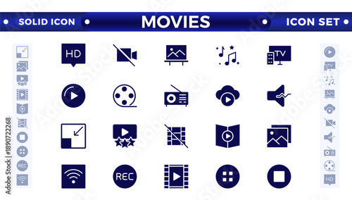 Movie solid icon set. Entertainment and arts icon collection. Contains such Icons as theater, cinema, video, dance, game, music arts, photo and more. Cinema, Movie solid icons set. 