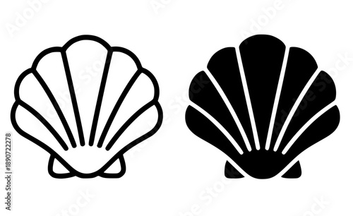 Seashell illustration icon, black and white in outline and silhouette versions