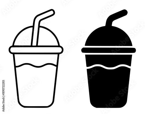 Drink cup illustration icon, black and white in outline and silhouette versions