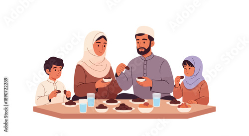 Illustration of a Muslim family eating together at a table with traditional clothing and food with a warm and intimate mood.