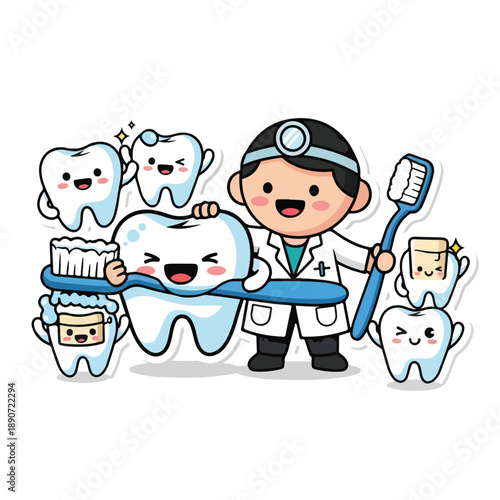A cartoon dentist with teeth and toothbrushes