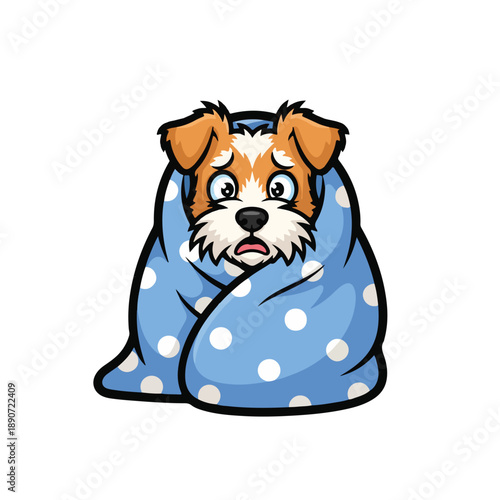 A cartoon dog wrapped in a blue blanket