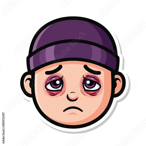 A cartoon face with a purple headband and a frowning expression