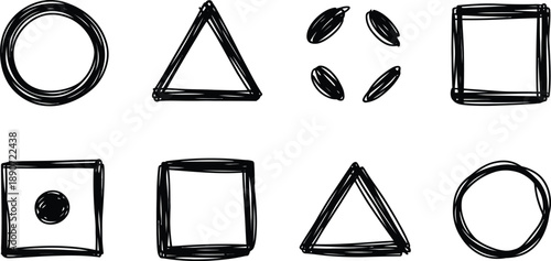 Hand-Drawn Geometric Shapes: Circles, Triangles, Squares, and Ovals on White Background