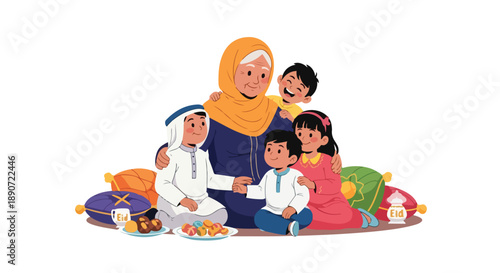 Illustration of a diverse family sitting together on colorful pillows on the floor with a warm and cozy atmosphere.