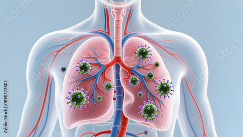 3D Anatomical Illustration of Human Lungs Infected with Respiratory Virus Particles
