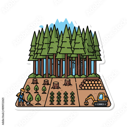 A cartoon forest with a worker planting trees