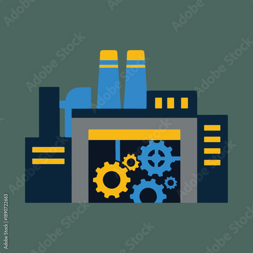 A modern flat-design illustration of a factory building with two large smokestacks and visible interlocking gears inside, symbolizing manufacturing and industrial processes.