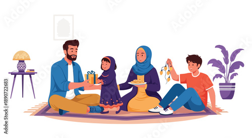 Illustration of a family with a man, woman, and two children sitting on a colorful rug in a living room with a plant and lamp, sharing a meal together.