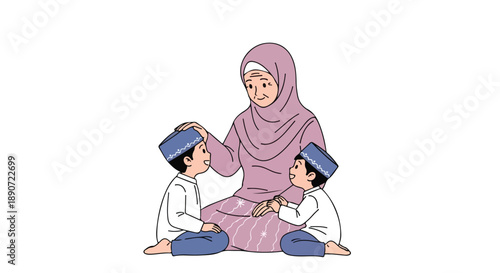 Illustration of a Muslim woman in a pink hijab sitting with two young boys wearing blue head coverings on a white background.