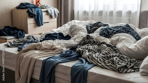 A messy bedroom with clothes strewn across the bed and floor
