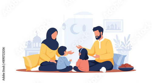 Illustration of a Muslim family sitting on the floor having a conversation in a cozy home interior with traditional decorations.
