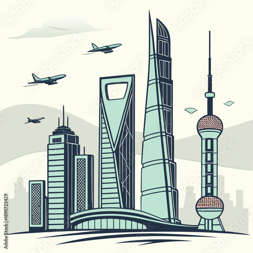 Modern cityscape with iconic skyscrapers